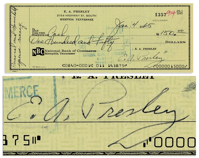 Elvis Presley Check Signed From 4 January 1965 Made Out to ''Cash'' -- With COA From Graceland Authenticated